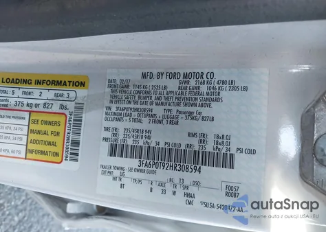 2017 Ford Fusion Se z USA, uszkodzony, nr VIN 3FA6P0T92HR308594